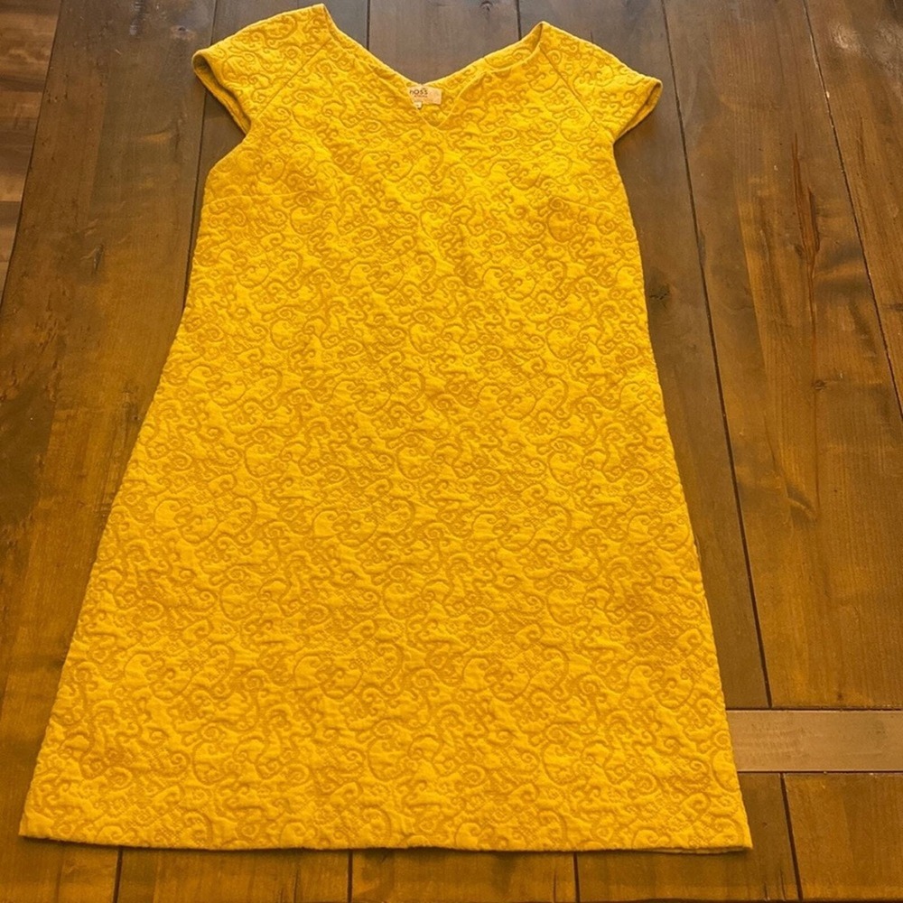 Hoss Intropia Jacquard Shift Dress Womens Size 36 4 Yellow Textured Knit V-Neck